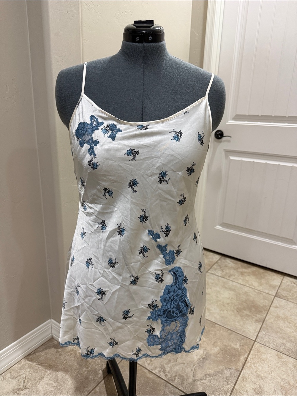 Victoria's Secret White Slip Camisole with Blue Lace Embroidery